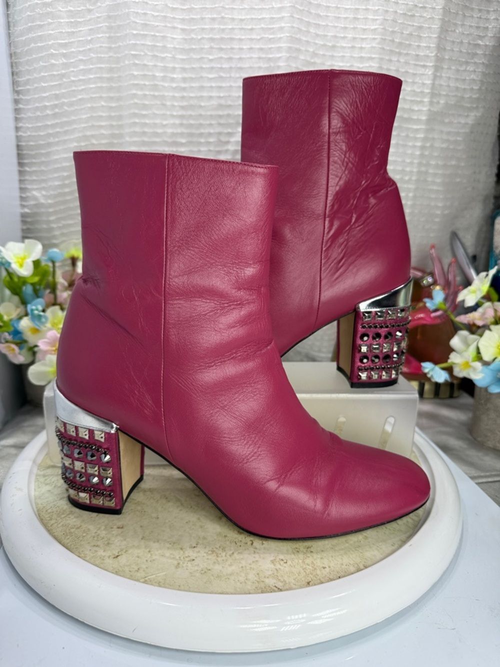 (B6) RODO Fuchsia Italian Leather Ankle Boots with Embellished Block Heel 9.5USA